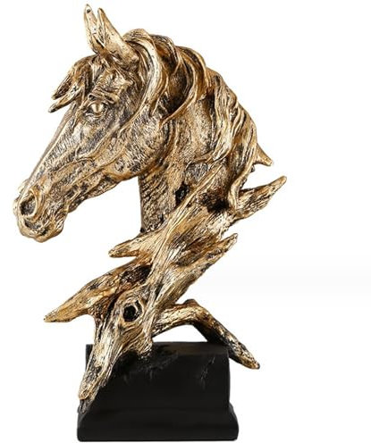 Pferdekopf Skulptur auf Sockel - Kunstharzstatue für Zuhause - Pferdestatue Kopf in Bronze - Tischdeko mit Sockel - elegante Pferdefigur als Dekoration für Wohnzimmer, Büro - Tischdeko Dekofigur Pferd