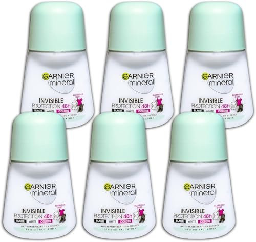 6 er Pack Garnier Mineral Invisible Black,White & Colors Roll-on Anti-Transpirant 6 x 50 ml