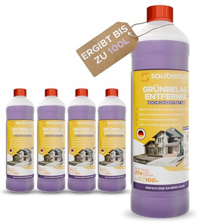 sauberland® Grünbelagentferner 5L [Konzentrat für 100L] – Selbsttätige Entfernung von Grünspan, Moos, Algen & Flechten uvm. | Steinreiniger für Terrassen, Steine, Fassaden, Dächer | Chlor- & Säurefrei