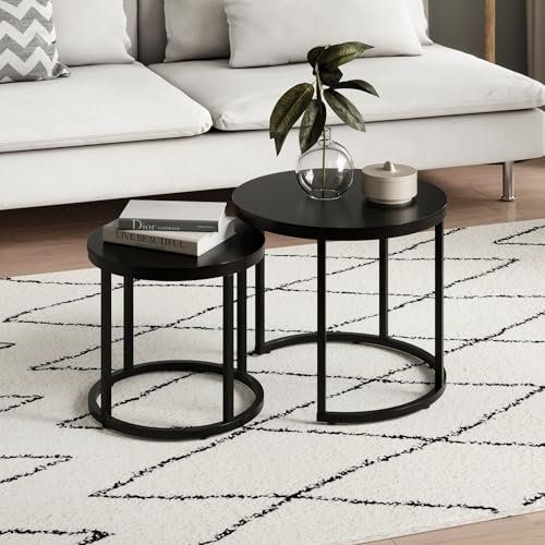 Home Collective Couchtisch 2er Set rund aus Holz, Wohnzimmertisch Modern, Beistelltisch Set 2 in 1 mit Metallgestell für Wohnzimmer Büro Beistelltisch Loft Design Twin | Schwarz