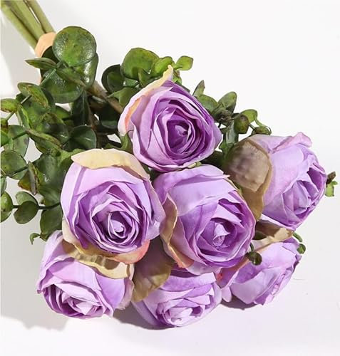 VATTEN HOME Bouquet de fleurs artificielles 28 cm, rose, polyester + polyéthylène + fer, très réaliste et couleur brillante (7 fleurs violettes roses 28 cm)