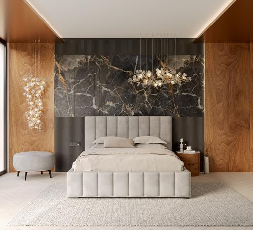 FDM Polsterbett mit Bettkasten 90x200 120x200 140x200 160x200 180x200 cm – Stauraumbett aus Velours, gepolstertes Kopfteil, Lattenrost & Metallrahmen, klappbar, Made IN EU (Grau, 90x200)