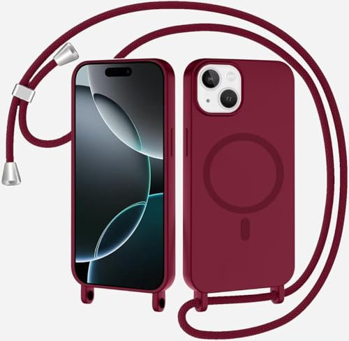 TQmchun Magnetische Handykette mit Band für iPhone 13,Handyhülle [Kompatibel mit MagSafe],Weich TPU Liquid Silikon Necklace Umhängen Kameraschutz Kette Stossfest Schutzhülle-Rot