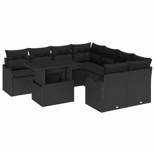 vidaXL 9-teiliges Garten-Sofaset Schwarz Poly Rattan mit Kissen | Modulares Outdoor-Sofa für 6 Personen, bequem und wetterfest. Perfekt für Balkon und Terrasse, inklusive Aufbewahrung und Kaffetisch.