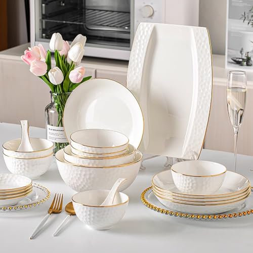 NNYCC 28 Piezas Vajilla Blanca Completas para 6 Personas con Borde Dorado, Juego de Vajillas Porcelana de Lujo con Platos,Tazones y Platillos,Blanca