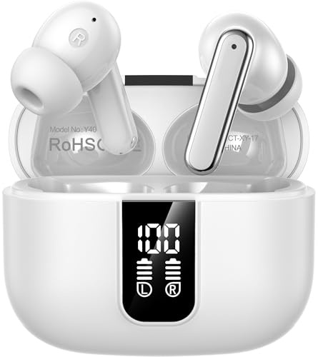 FuJiaXin Wireless Earbuds for Running & Work, Bluetooth 5.3 Headphones with 4 ENC Mics for Clear Calls, IP7 Waterproof, 40H Playtime with Dual LED Display - Y40 White