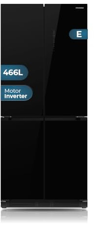 Hyundai Frigorífico Americano Cristal negro, 4 Puertas HQP19283NEDCB00, Capacidad 466 Litros, No Frost, Multi Air Flow, Bajo Nivel Sonoro, Clasificación Energética E