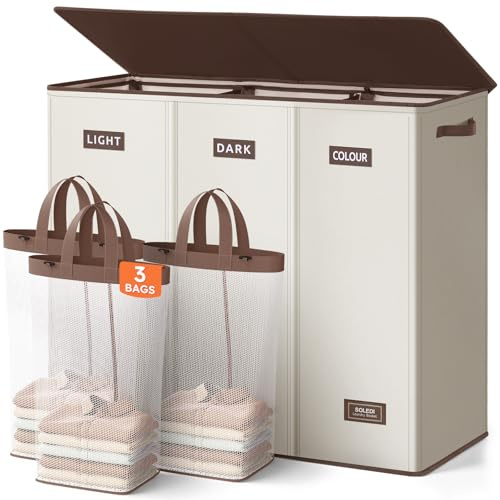 SOLEDI 200L Wäschekorb, Wäschesammler 3 fächer mit Deckel und 3 Wäschesack - Wäschesortierer Groß XXXL Für Badezimmer, Schlafzimmer, Wäschekammer, Kinderzimmer