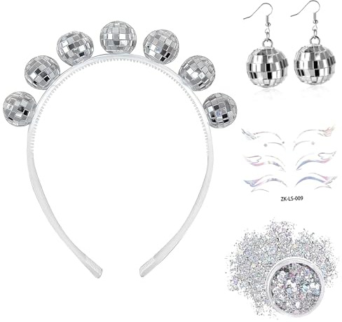 Discokugel Haarreif Silber, Disco Kugel Kopfschmuck mit Ohrringe, Discokugel Stirnband Kostüm Accessoires Discokugeln Schmuck für Damen Karneval 70er 80er Jahre Disco Party Fasching Kostüm Zubehör