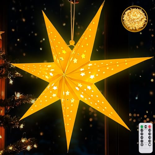 Papierstern Lampenschirm,45cm Papiersterne Zum Aufhängen,Weihnachten mit Timer und 8 Beleuchtungsmodi,Weihnachtsstern Papier,Papierstern Dekoration,Sterne Papier zum Fensterdeko