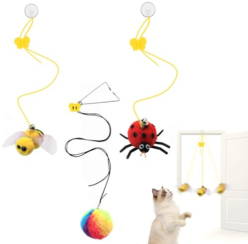 Zavqiro Interactive Hanging Cat Toy Variety Pack – Door Frame Toys with Clip & Hook for Independent Indoor Play, Includes Colorful Ball, Beetle & Bee – Engaging Self-Play Cat Toys for Active Cats