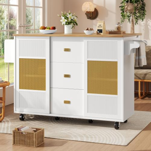 kozamas Kücheninsel freistehend mit klappbarer Arbeitsplatte, Küchenschrank Buffetschrank Mobil, 147x70(42) x90 cm, Weiß, mit Rattan-Design Türen, 6 Rollen, Schubladen & Gewürzregal