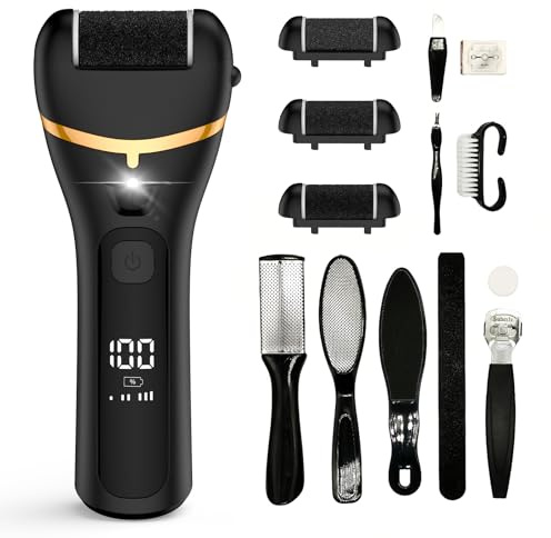 Hornhautentferner Elektrisch, Pediküre Set Fußpflege Elektrisch mit 3 Rollen,3 Gear USB Elektrischer Hornhautentferner Callus Remover für Rissige Fersen, Abgestorbener, Hornhaut LED Licht (Black)