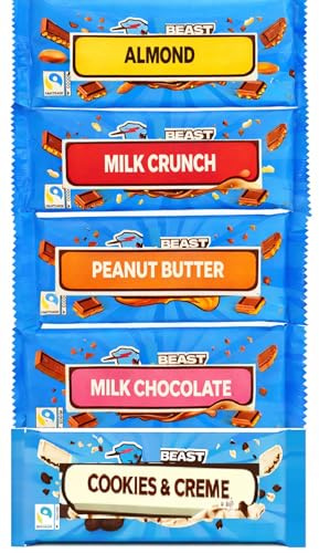 Beast Chocolate Bar Mix Bundle - x1 Milk, x1 Almond, x1 Crunch, x1 Peanut Butter, 1x Cookies and Cream | 60g Bars