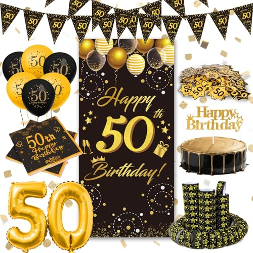 WenmthG 50 Geburtstag Deko Männer Frauen, Deko 50 Jahre Schwarz Gold | 50. Geburtstag Deko Set mit Banner, Luftballons, Servietten, Tortendeko, Girlande, Konfetti