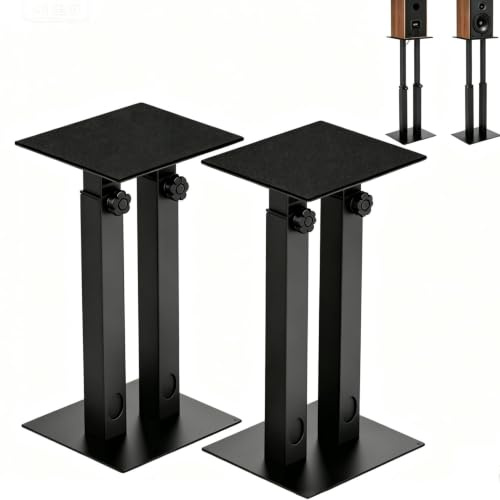 ohbien Floor Speaker Stands Adjustable Height with Cable Management | Metal Bookshelf Speaker Stands for Satellites Up to 50KG, with Anti-Vibration Mats, for Surround Sound, Extend 42.4 to 74.4cm