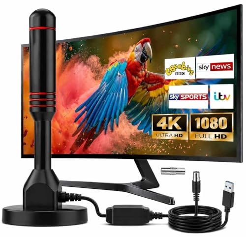 DVB-T/DVB-T2 Antenne mit Verstärker 360° Empfang HDTV Zimmerantenne | 4K Full HD TV, Magnetfuß 5m Kabel, für Digitales Fernsehen, Innen Außen