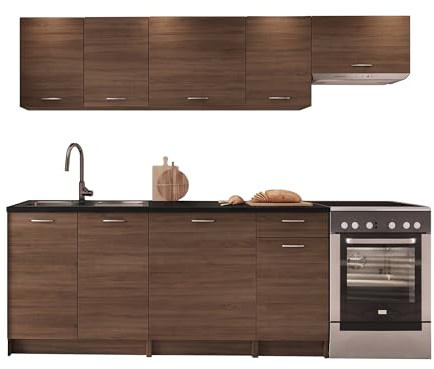 Mirjan24 Mela Küchenmöbel Set 180/240 cm mit Arbeitsplatte - Moderne Einbauküche in Dunkelholzoptik, Hängeschränke & Unterschränke, 7 Schrank-Module (Nuss Elegant/Schwarz)