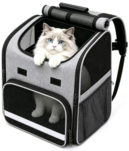 Faltbare Katzenrucksack mit Fenster, Tragbare Hunde Rucksack bis 10kg, Multifunktionales Katzentasche Katzen Transport Tasche Leichte Hunderucksack Haustier Rucksack für Reisen Walken, Grau