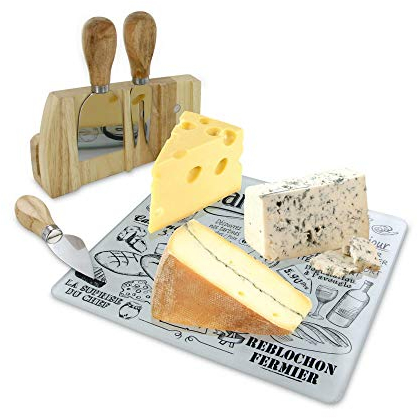 Totally Addict KA1732 Plateau à fromage et ses 3 ustensiles couteau fourchette hachette Avec support aimanté Bois inox et verre Beige gris et noir H22 x 4 x 21 cm