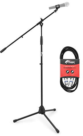 Tiger Professional Black Boom Microphone Stand with Mic Clip and 3 inch XLR to XLR Mic Cable