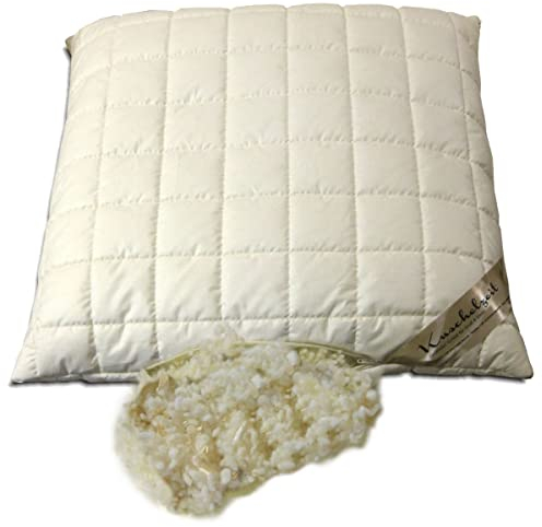 Merino Schafschurwolle Kopfkissen mit Zirbe Spänen in 80x80 cm mit 1000 Gramm Schurwoll Kügelchen zur individuellen Höhenverstellung und ca. 200 g Zirbe - Made in Germany