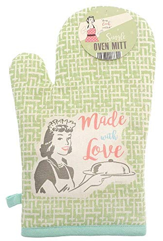 Vintage Style 100% Cotton Made with Love Single Kitchen Oven Mitt Glove - Green (33 x 17cm)