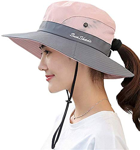 Fueerton Femme Pliable Chapeau de Soleil Réglable Coton Large Bord Visière Eté Plage Voyage UPF UV (Rose)