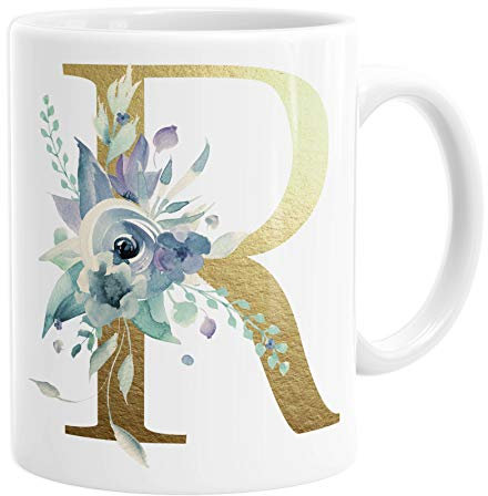 Personalised Initial R Any Letter Gold Shimmer Floral Mug Coffee Cup Tea