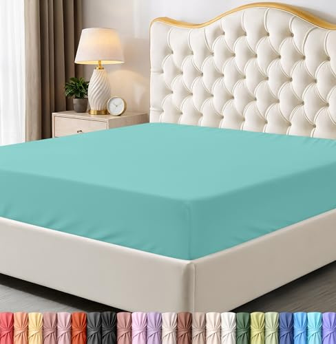 Utopia Bedding Fitted Sheet King Spa Blue, White - Deep Pocket 14 inch (35 cm) - Easy Care - Soft Brushed Microfibre Fabric - Shrinkage and Fade Resistant - Bottom Sheet