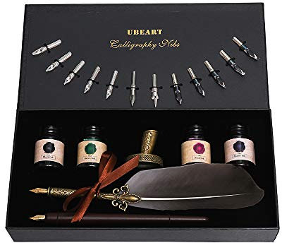 UBEART Kit de calligraphie comprenant un stylo en bois antique, un stylo plume plume, 14 plumes, 4 flacons d'encre, un porte-stylo et des instructions de calligraphie, parfait pour les débutants et