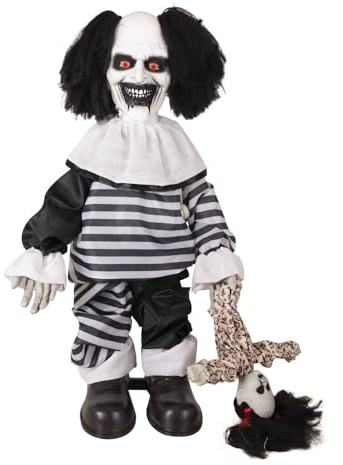p'tit clown - 25155 - Animierter Halloween-Automat - Animatronik - Animatronics - Bösartiger Clown - Schall und Licht - Gruselige Dekoration - Batterien Nicht enthalten (3xAA) - Schwarz, Weiß - 80 cm