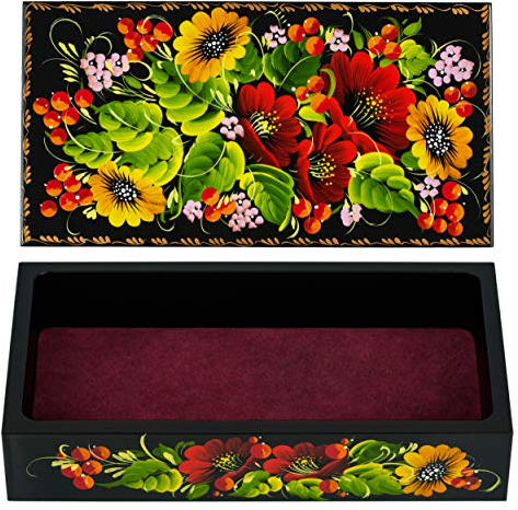 UA Creations Petrykiv Ethnic Rectangular Wooden Lacquer Jewelry Box with Lid, Hand Painted Flowers on Black (red, yellow, green)