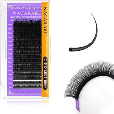 NAGARAKU Extensiones de Pestañas Individuales Volumen Lahses Pelo a Pelo Clásico 1:1 Pestañas Extensiones Natural Blando Suave Negro Eyelash Extension Pestañas Postizas 16 Filas(0.15mm D Curl 7-15mm)