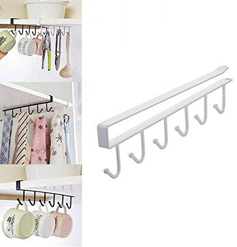 plastific 6 Hooks Tea Cup Mug Holder Under Shelf Cup Hanger Drying Rack Towel Holder Cabinet Kitchen Hanging Organizer Mug Rail Small Kitchen Items Hanging Organizer(1, White)