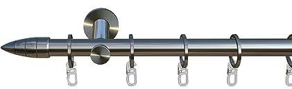 tilldekor Gardinenstange nach Maß, Menorca, 1-lauf, Edelstahl-Optik 20 mm Durchmesser, Wunschmaßlänge 100 cm inkl. Trägern,Endstücken, Ringen und Faltenlegehaken