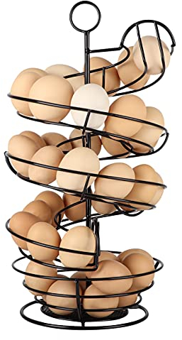 QUTREY Pelle à œufs en métal noir, design en spirale avec panier de rangement pour comptoir, cuisine, 2 rails pour œufs médicaux