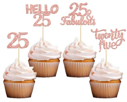 Gyufise 24Pcs Rose Gold Glitter 25th Birthday Cupcake Toppers 25 Fabulous Cupcake Picks Hello 25 Twenty Five Cupcake Picks for 25th Birthday Cake Decorations Supplies