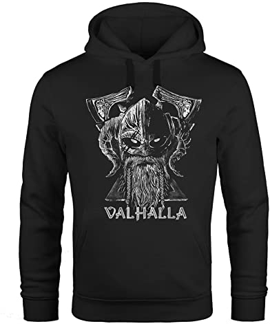 Neverless® Hoodie Herren Bedruckt Valhalla Wikinger Odin Wotan Axt Print Kapuzen-Pullover Männer Fashion Streetstyle schwarz 5XL