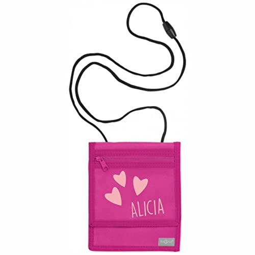 minimutz Brustbeutel mit Namen | Motiv Herze inkl. Namensdruck personalisiert & Bedruckt | Geldbörse Kindergeldbeutel Münzfach für Kinder Jungen Mädchen mit Klettverschluss zum Umhängen (pink)