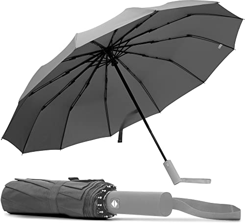 TANNESS Windproof Umbrella – 10-Rib Waterproof & Compact Umbrella with Automatic Open/Close Function and Ergonomic Handle – Folding Mini Umbrella - Strong Umbrellas for Wind and Rain (Grey)