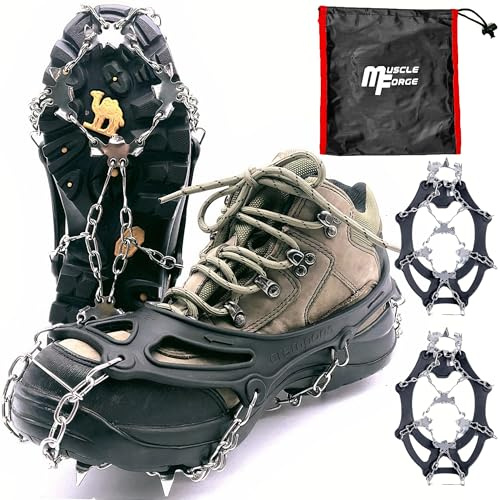 MuscleForge Steigeisen für Wandern und Bergsteigen mit 8/19 Zacken, Schneeketten für Schuhe, Grödeln wandern aus Edelstahl, Mountain crampons with 8/19 Spikes for Snow, Größe M/L/XL