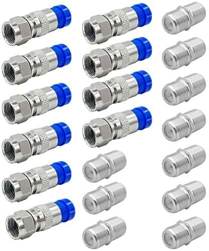 Paquete de 10 conectores de compresión tipo RG6 F + 10 conectores extensor de cable coaxial,Cable coaxial tipo F Convertidor de cable adaptador hembra a hembra para cables de TV, azul/plateado