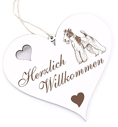 Herzlich Willkommen Schild - Foxterrier - Deko Herz Holz Willkommensschild Türschild Dekoschild Türdeko