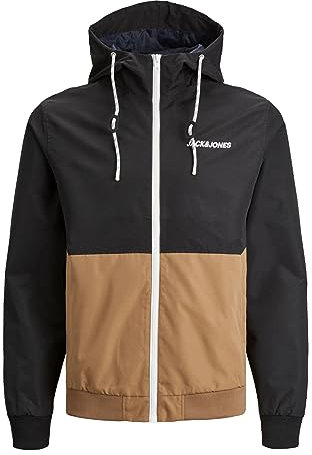 JACK & JONES Jjerush Hood Bomber Noos Homme Blouson aviateur, Noir/détails : outre/blanc, M