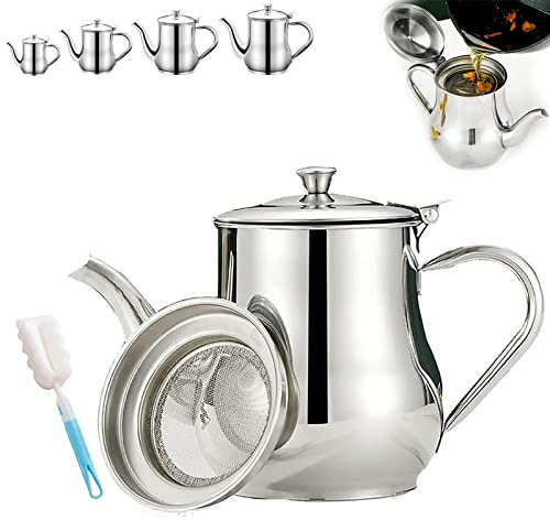 Stainless Steel Oil Filter Pot with Strainer, Stainless Steel Oil Pot with Strainer and Spout, Reusable Filter Oil Jug for Bacon Grease, Oil Filter Pot for Home Kitchen Cooking (70 oz)
