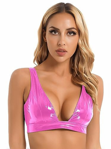CHICTRY Women's PVC Leather 1/4 Cups Shelf Bra Top Underwired Open Nipple Push Up Bralette Lingerie 5# Hot Pink M