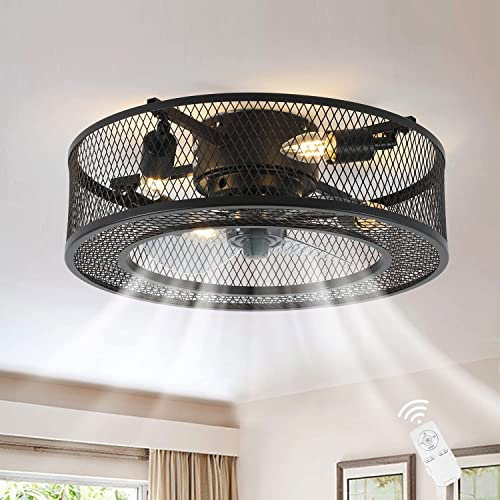 LGDEERCO Modern Ceiling Fan Lights With Lights Remote Control Caged Ceiling Fan Lamp Black Ceiling Fan Light Industrial Ceiling Fan For Kitchen Living Room Bedroom
