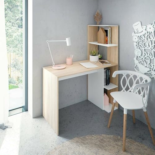 Dmora Scrivania Pittston, Scrittoio lineare con libreria, Tavolo Ufficio Multiuso salvaspazio, 110x52h136 cm, Bianco e Rovere