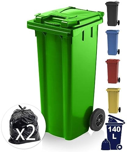 EXPRESS WHEELIE BINS - Outdoor Wheelie Bin for Household Waste Recycle Trash and Rubbish 140L Litre Small Council Size Green with Rubber Wheels